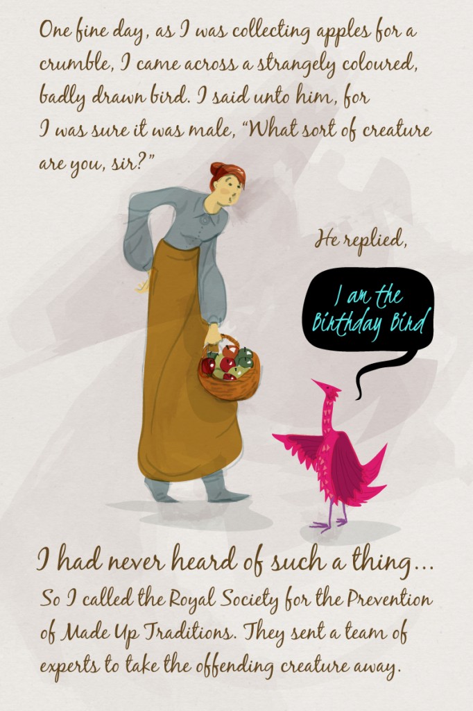 A young girl confronted by the garish birthday bird