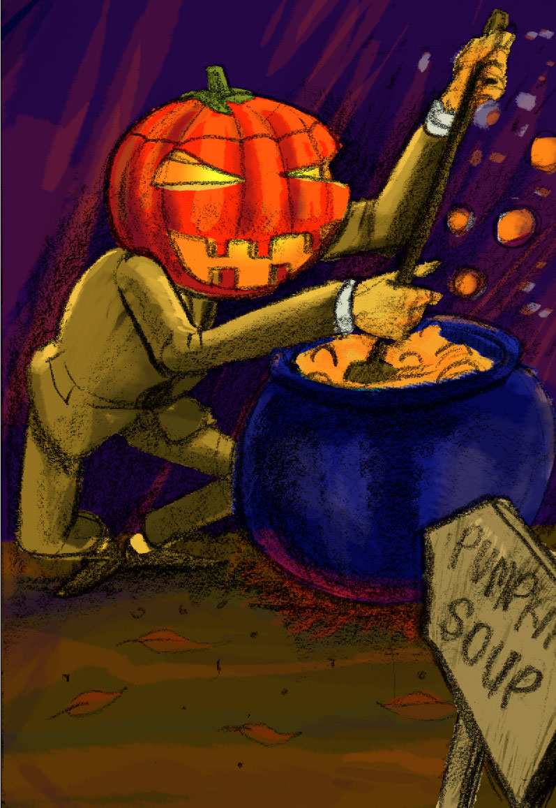 The evil pumpkin man cooking his own kind into soup!