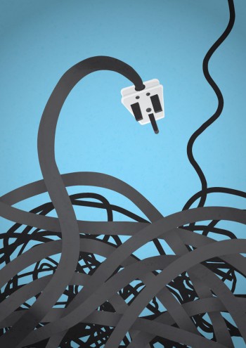 an electrical plug and wires against a blue background