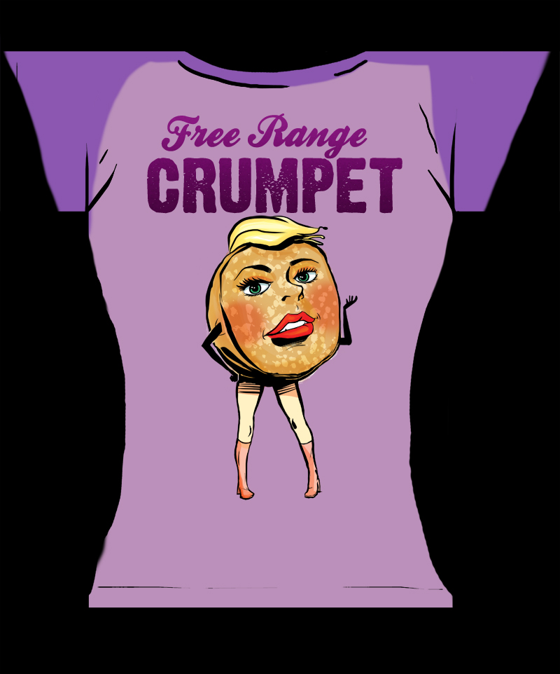 free range crumpet on a tee shirt mock up